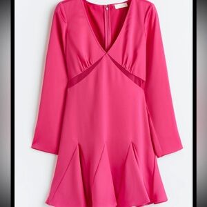H&M Hot Pink Long-Sleeve V-Neck Fit & Flare Dress
